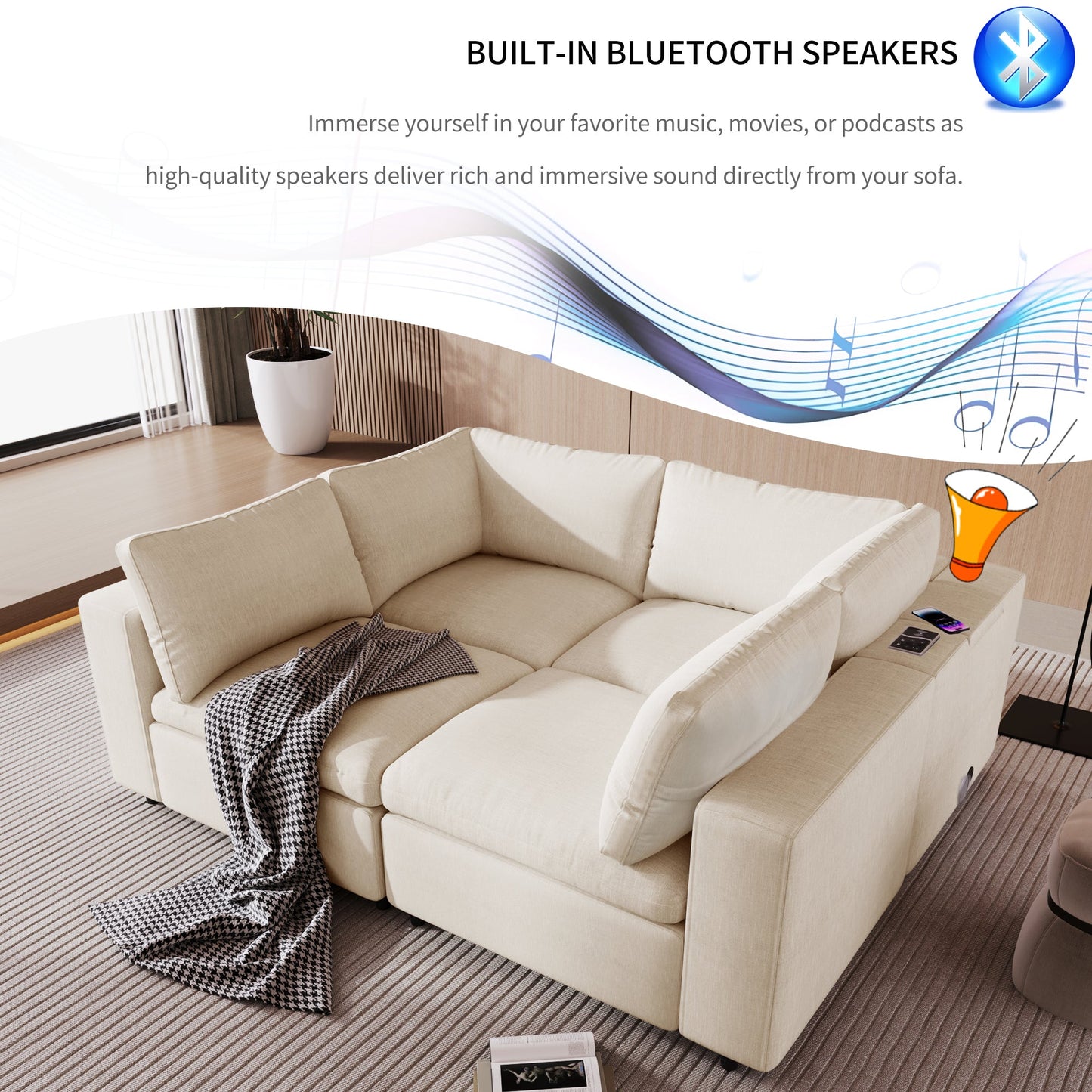 Upholstered Modular Sofa with  with Storage Space, USB Charge