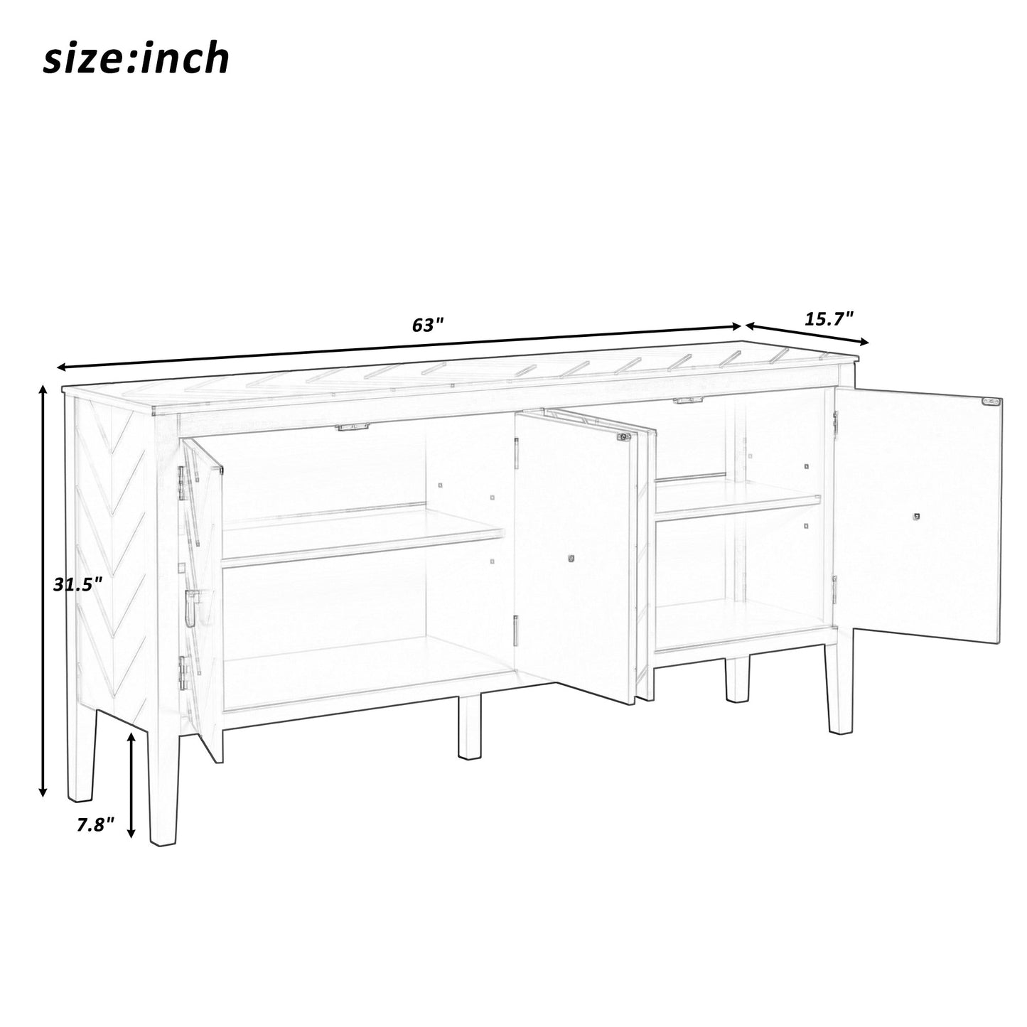 Four-Door Sideboard with Geometric Line Patterns and Vintage Metal