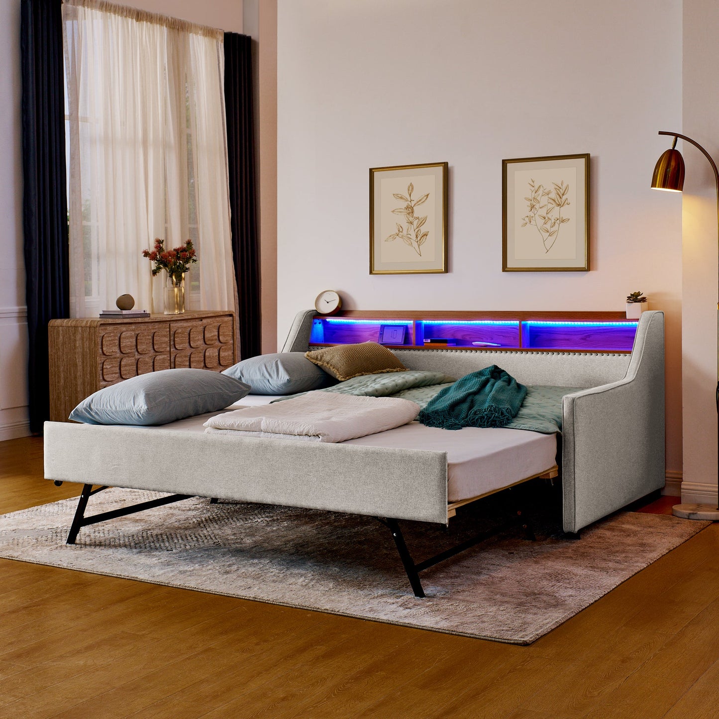 Twin Size Upholstery Sofa Bed with Three LED lights, with Storage