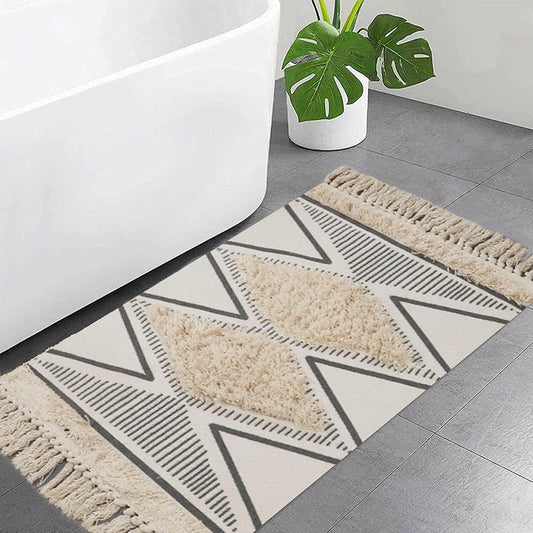 Bathroom Rug 2'X3' Boho Kitchen Rug Washable Tufted Geometric Rugs with Tassels Farmhouse Laundry Room Rug Moroccan Woven Throw Rugs Cotton Kitchen Sink Entryway Doormat for Porch/Decor.