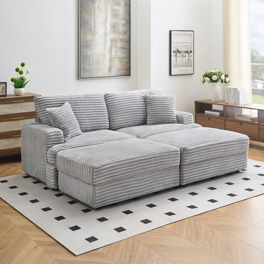 82 inches gray corduroy sofa, two storage feet +4 throw pillows,