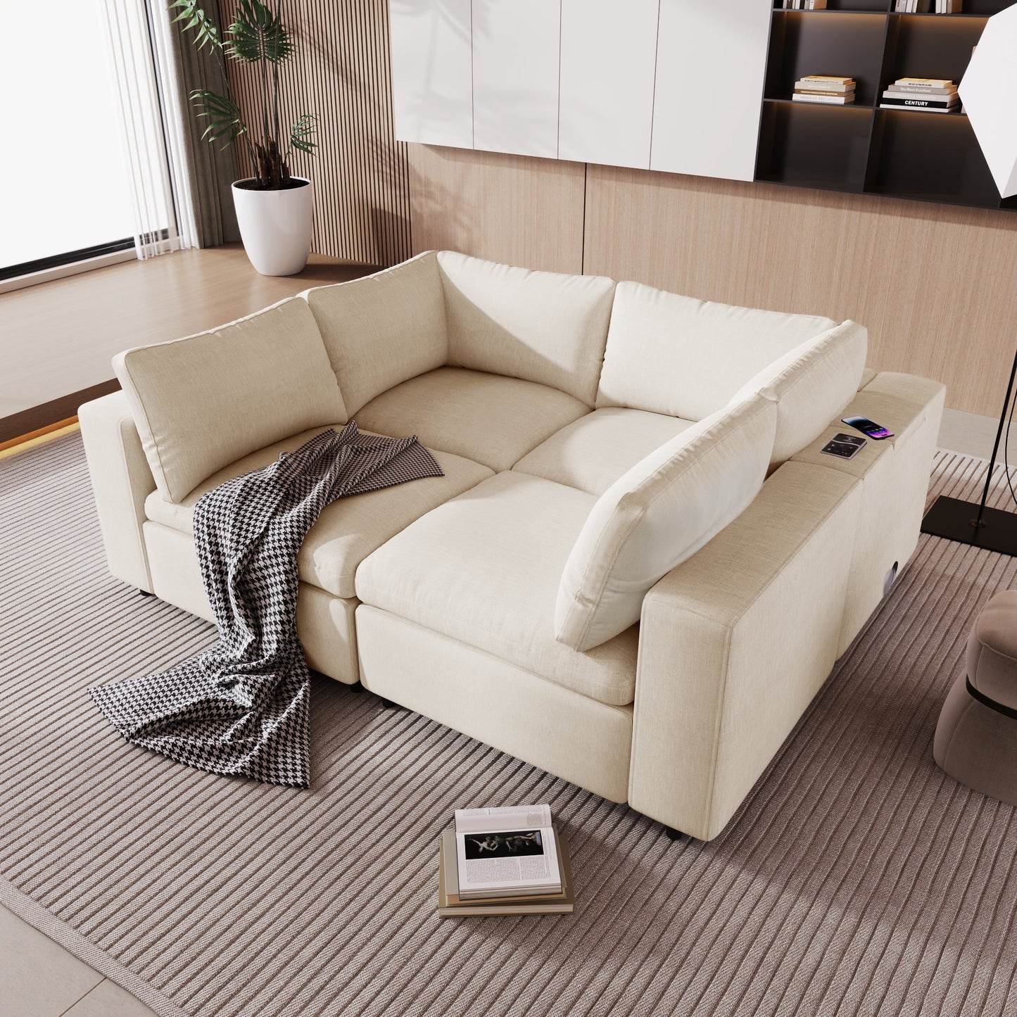 Upholstered Modular Sofa with  with Storage Space, USB Charge