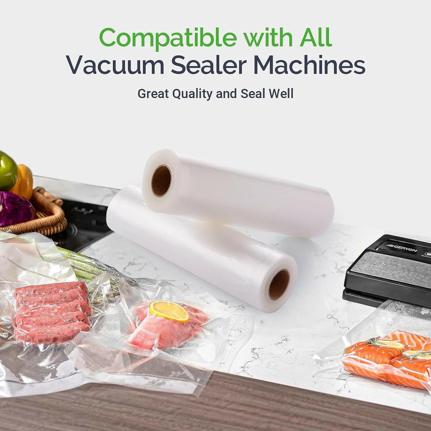 Vacuum Sealer Rolls, 2 Packs 8" X 50' Food Vacuum Sealer Bags Rolls Work with All Brand Food Sealer Machine.