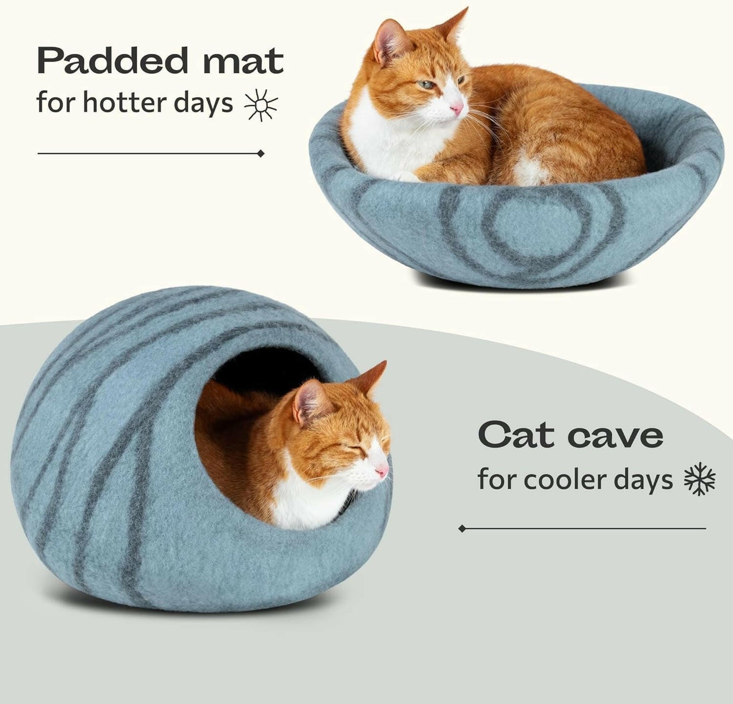 Cat Cave – Premium Felt Cat Bed for Indoor Cats, Handmade 100% Merino Wool (Light Shades) (Medium, Aquamarine).