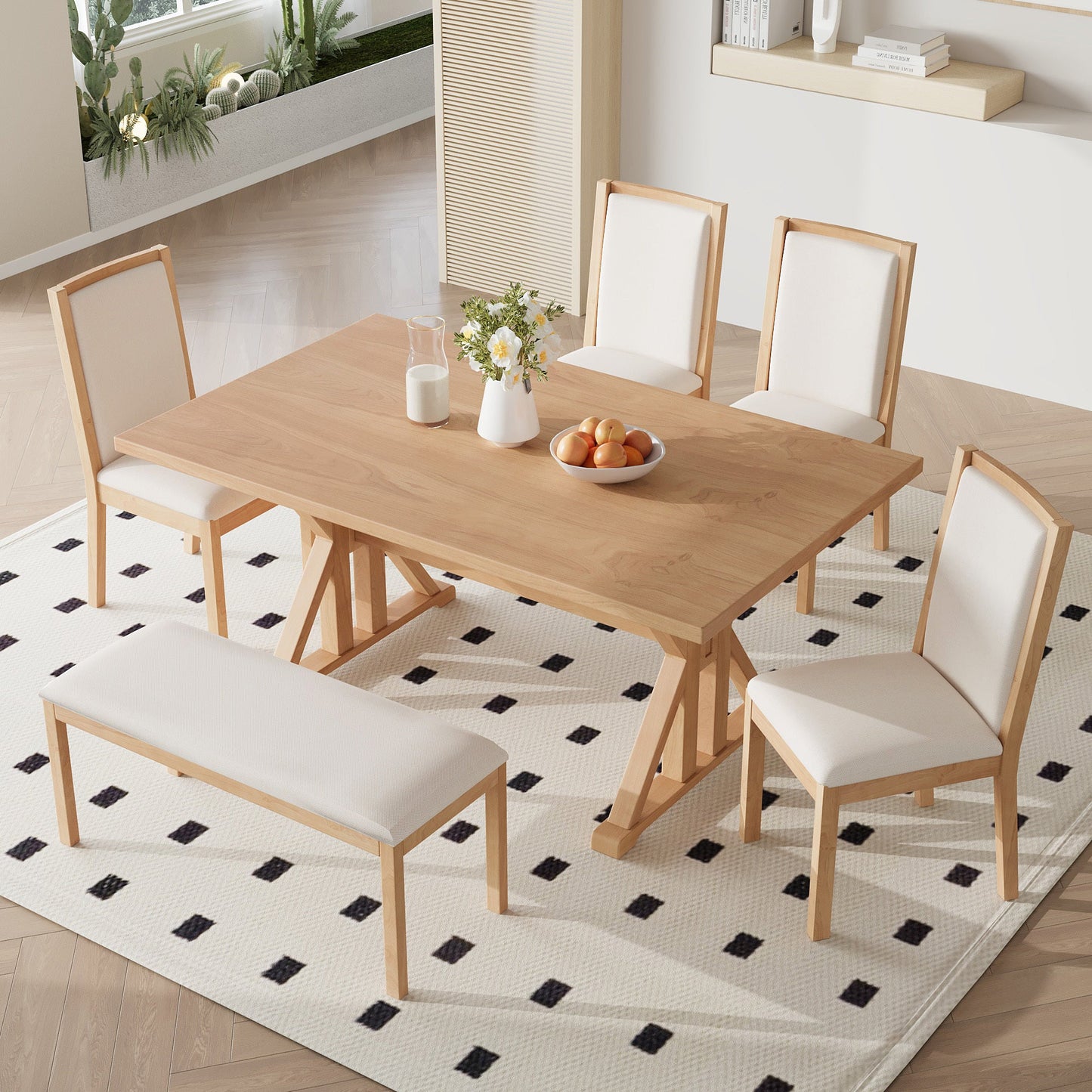 Farmhouse Classical 6-Piece Dining Table Set with Trestle Legs,Kitchen