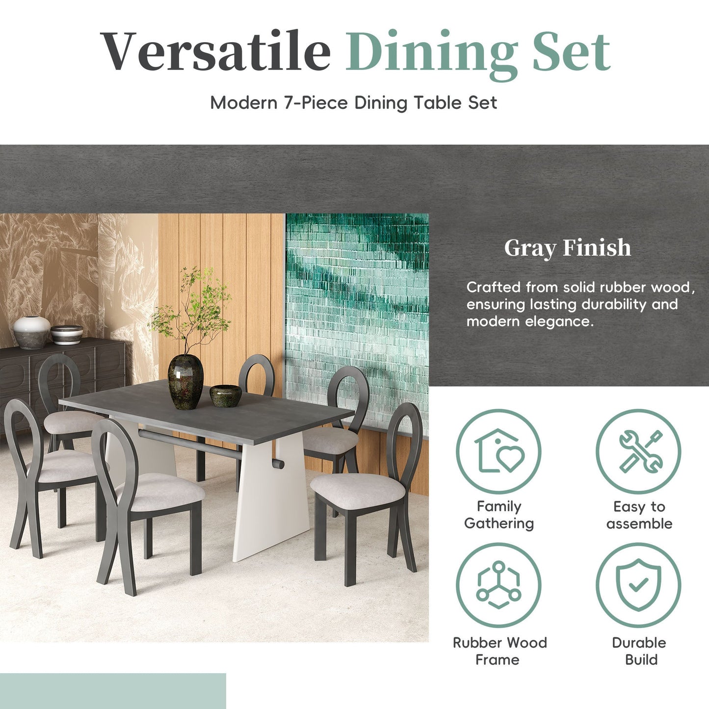 Modern 7-Piece Dining Table Set with Trestle Dining Table and 6