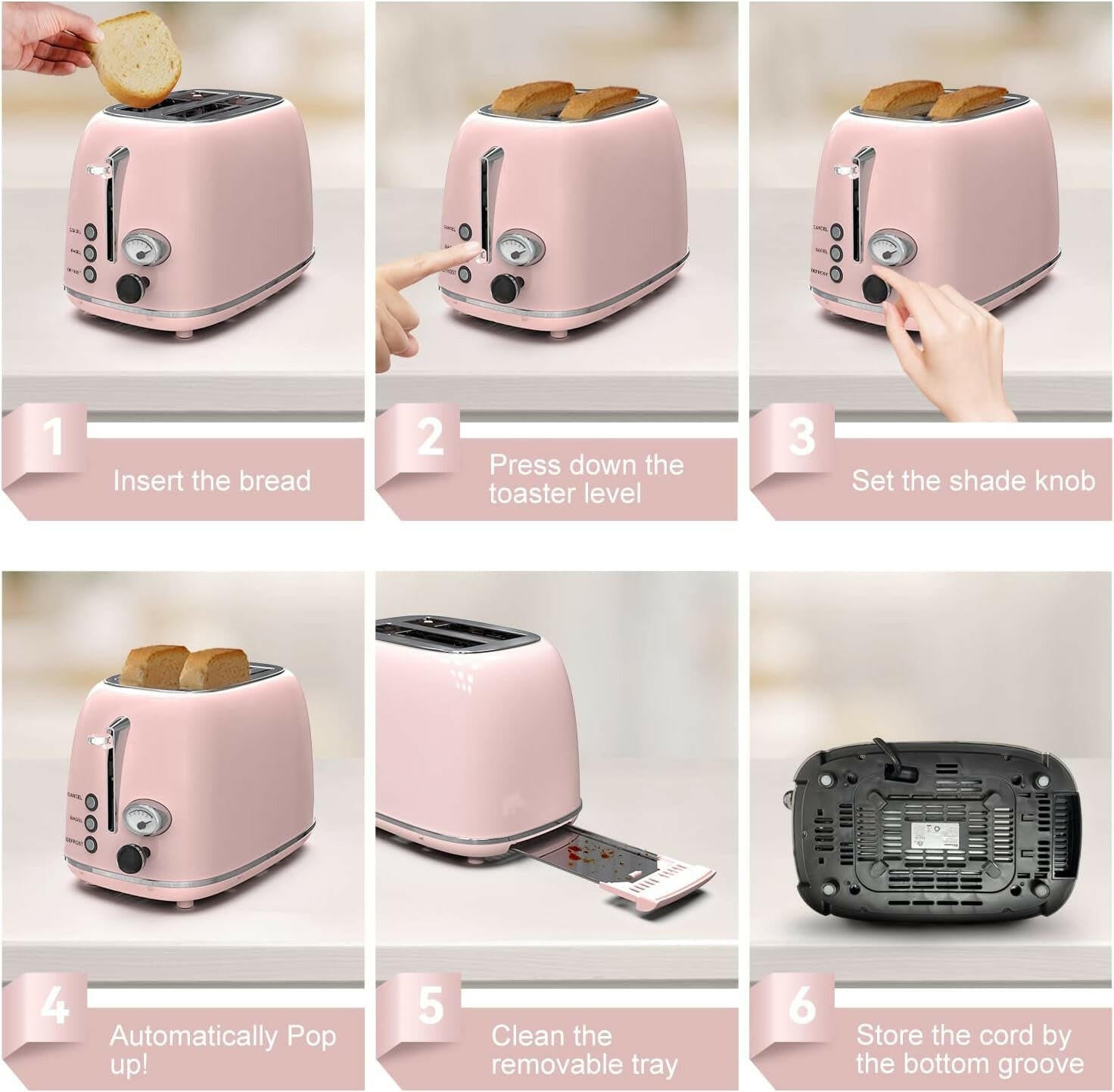 Toaster 2 Slice,Retro Stainless Steel Toaster with 6 Settings, 1.5 in Extra Wide Slots, Bagel/Defrost/Cancel Function, Removable Crumb Tray (Baby Pink).