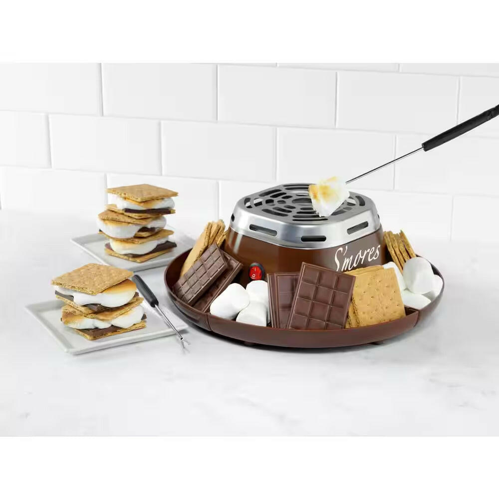 SMM200 Stainless Steel Electric S'Mores Maker with 4-Compartment Tray and 2 Roasting Forks.