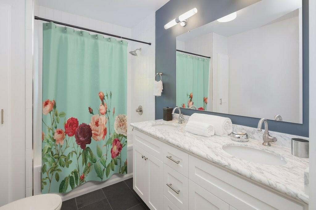 Rose Garden in Teal Shower Curtains Home Decor.