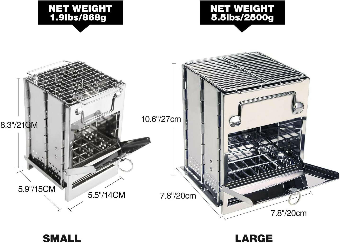 Wood Burning Folding Camp Stove Stainless Steel Grill, Portable Collapsible Backpacking Stove Survival Rocket Stove for Hiking Outdoor Tent Camping Picnic BBQ, Large.