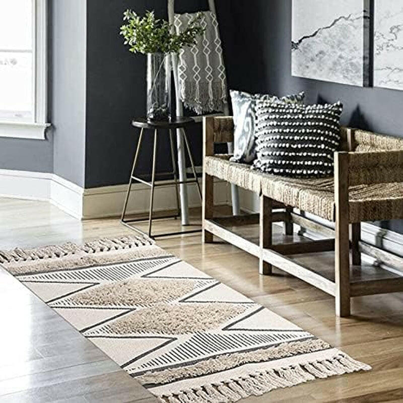 Bathroom Rug 2'X3' Boho Kitchen Rug Washable Tufted Geometric Rugs with Tassels Farmhouse Laundry Room Rug Moroccan Woven Throw Rugs Cotton Kitchen Sink Entryway Doormat for Porch/Decor.