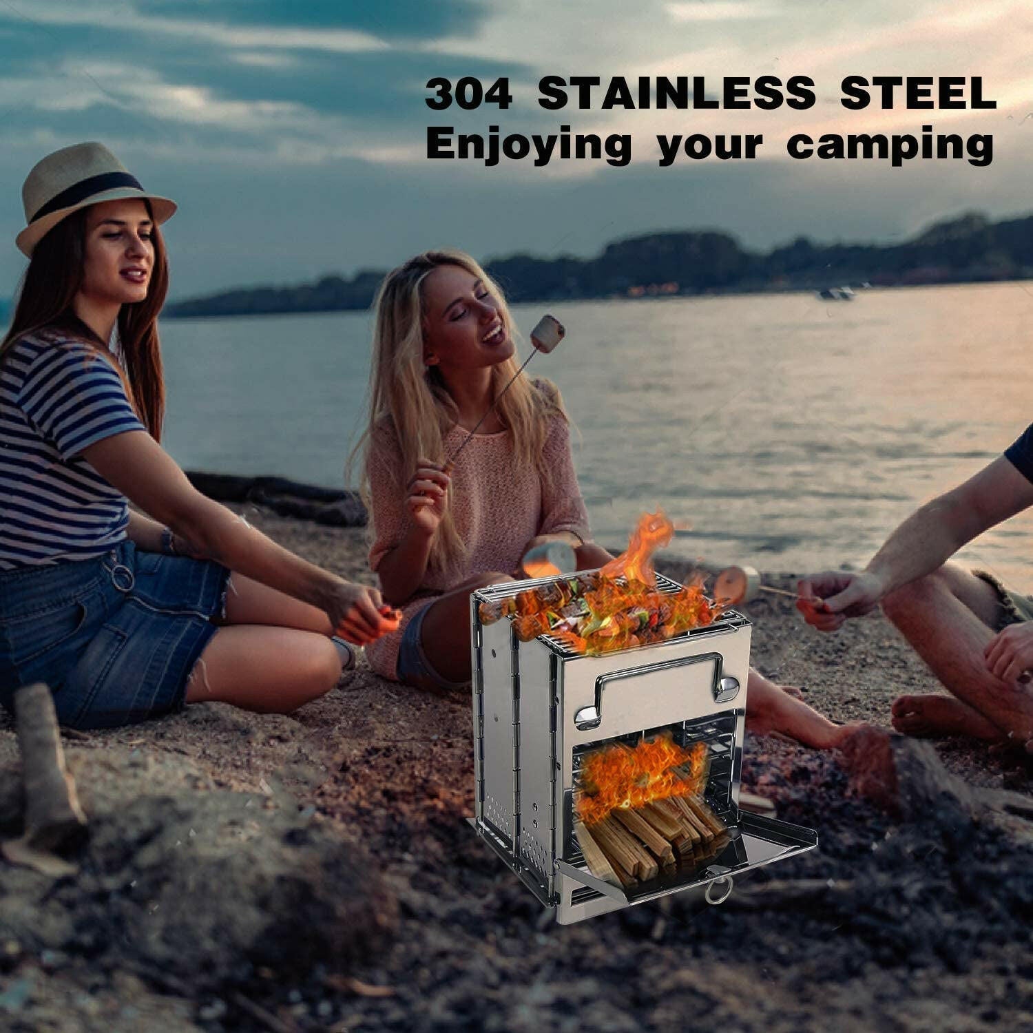 Wood Burning Folding Camp Stove Stainless Steel Grill, Portable Collapsible Backpacking Stove Survival Rocket Stove for Hiking Outdoor Tent Camping Picnic BBQ, Large.