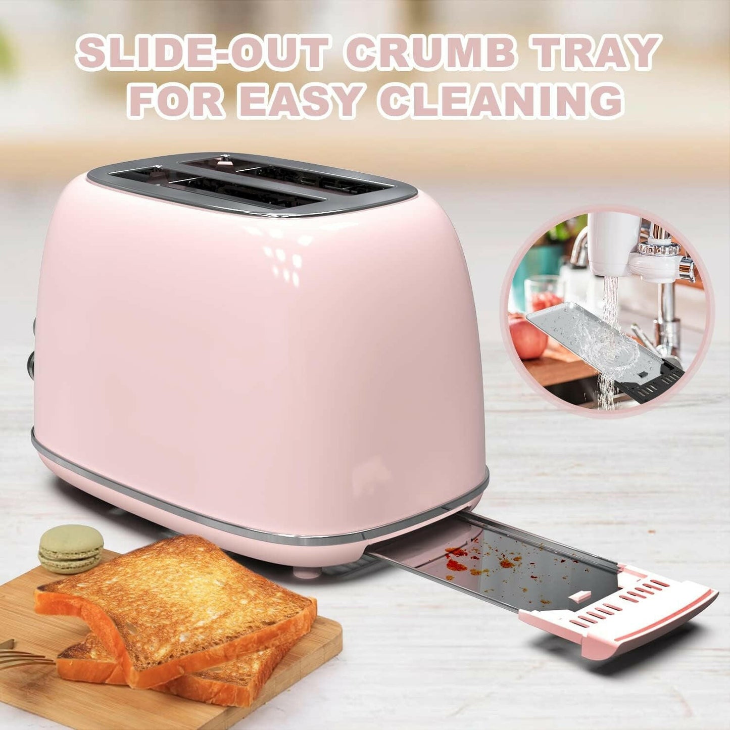 Toaster 2 Slice,Retro Stainless Steel Toaster with 6 Settings, 1.5 in Extra Wide Slots, Bagel/Defrost/Cancel Function, Removable Crumb Tray (Baby Pink).