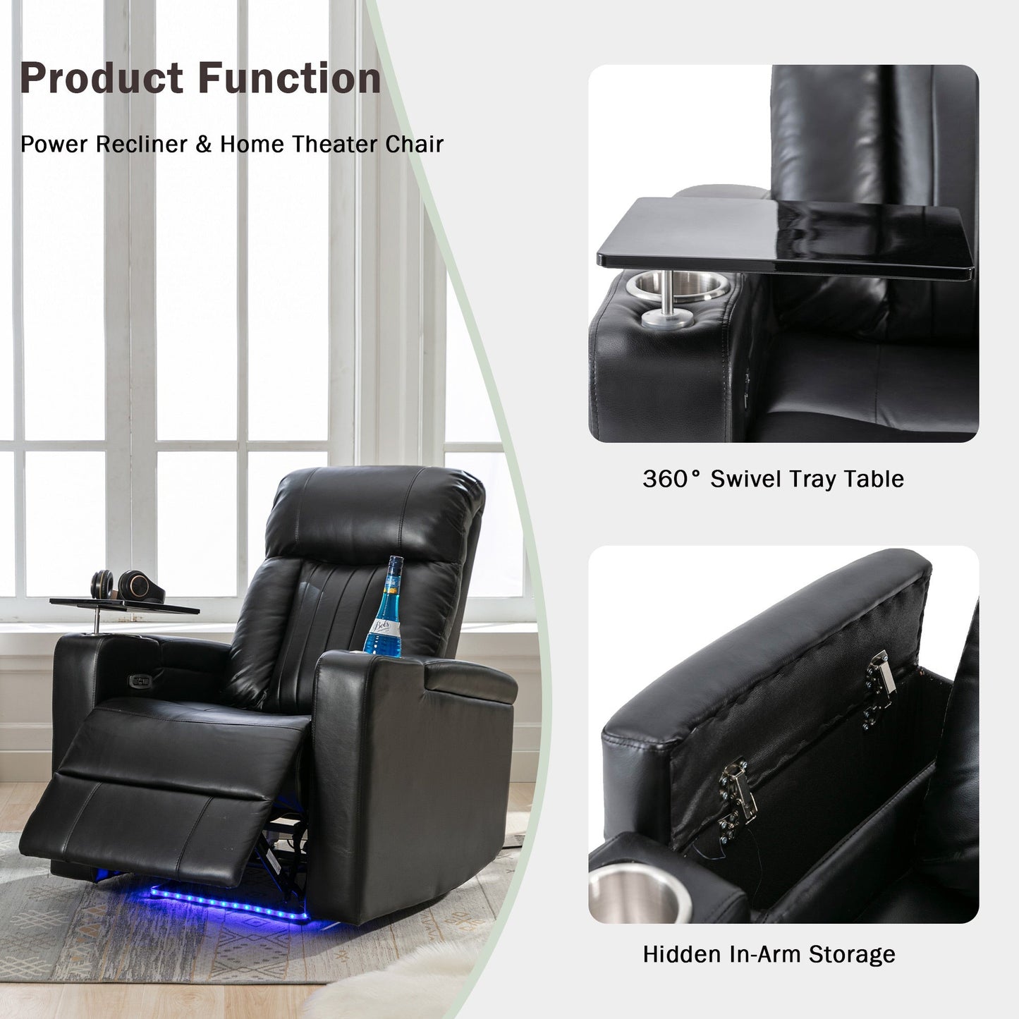 Premium Power Recliner with Storage Arms, Cupholders, Swivel Tray