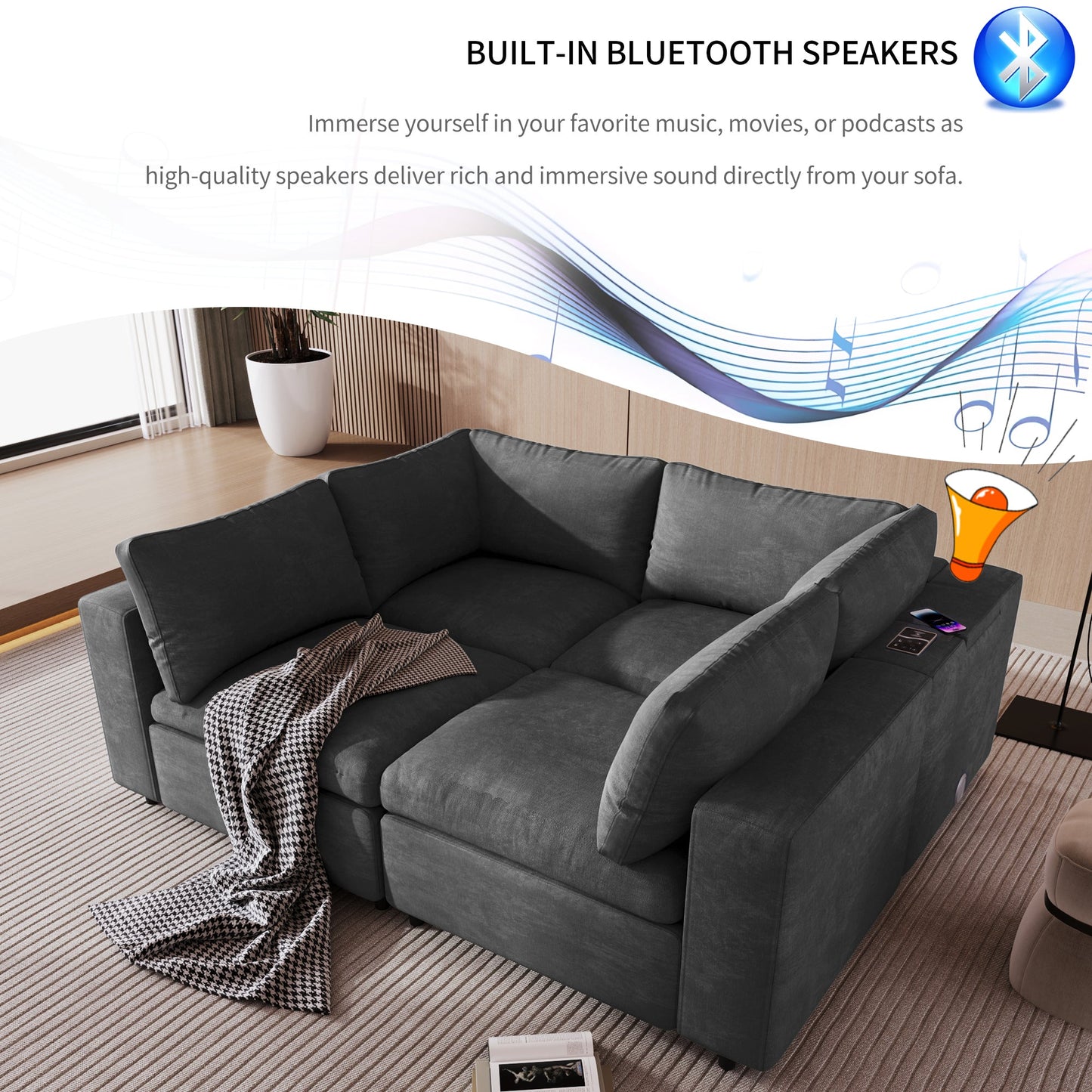 Upholstered Modular Sofa with  with Storage Space, USB Charge