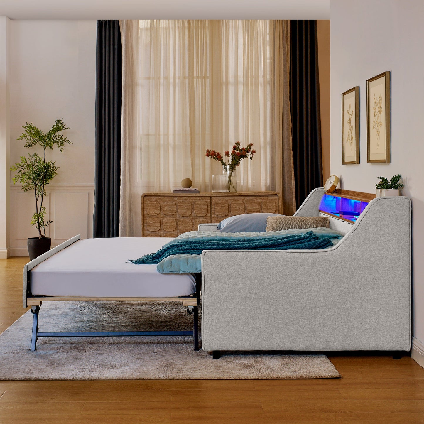 Twin Size Upholstery Sofa Bed with Three LED lights, with Storage