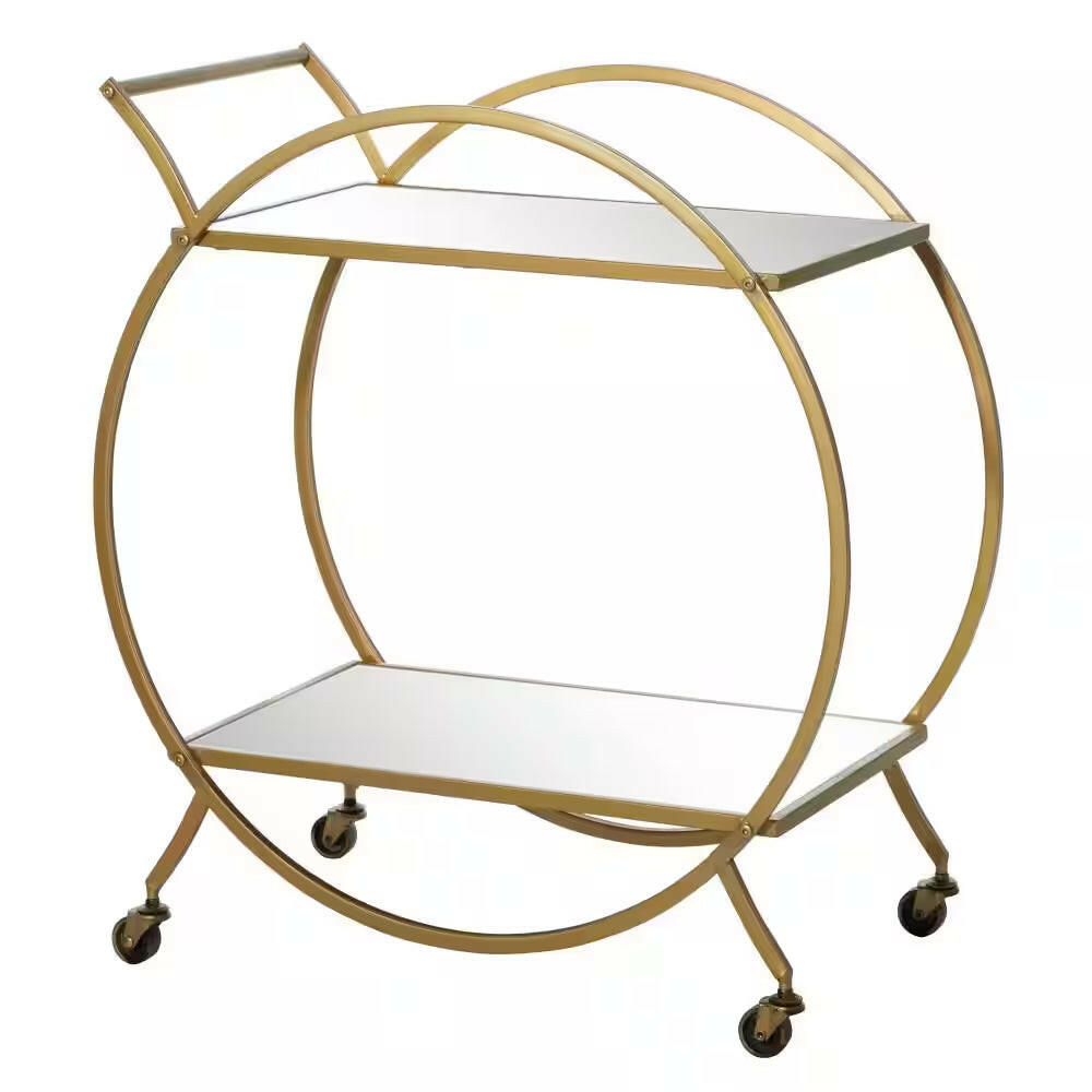 30 In. H Gold Rolling 2 Mirrored Shelves Bar Cart with Wheels and Handle.