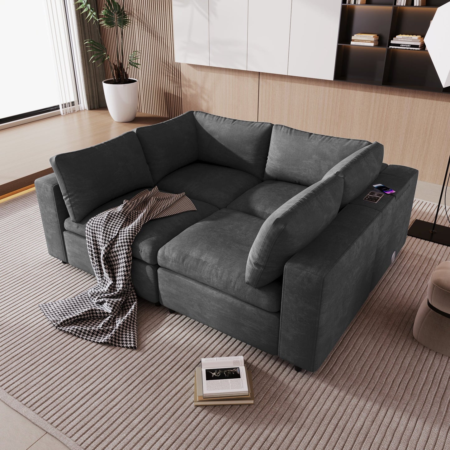 Upholstered Modular Sofa with  with Storage Space, USB Charge