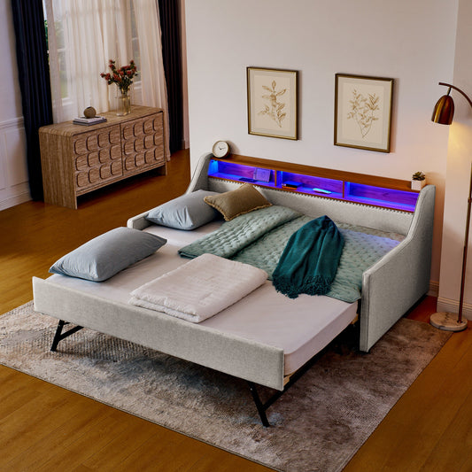 Twin Size Upholstery Sofa Bed with Three LED lights, with Storage