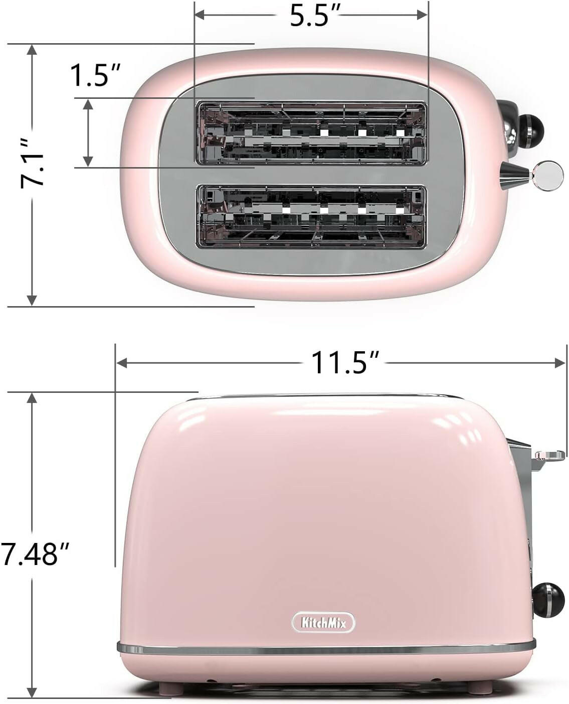 Toaster 2 Slice,Retro Stainless Steel Toaster with 6 Settings, 1.5 in Extra Wide Slots, Bagel/Defrost/Cancel Function, Removable Crumb Tray (Baby Pink).