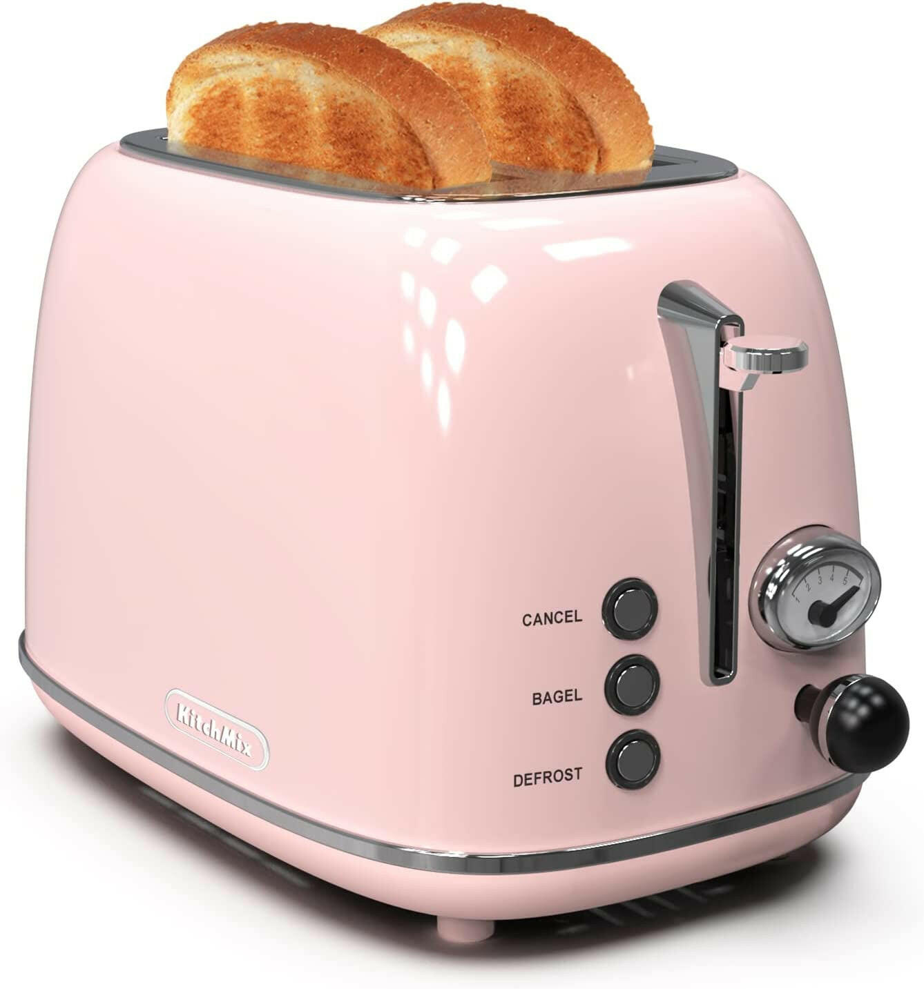 Toaster 2 Slice,Retro Stainless Steel Toaster with 6 Settings, 1.5 in Extra Wide Slots, Bagel/Defrost/Cancel Function, Removable Crumb Tray (Baby Pink).