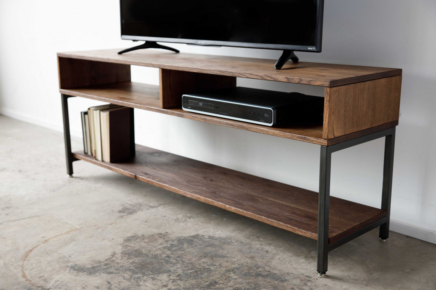 Warm Dark Finish Maple And Steel TV Stand and Media Center