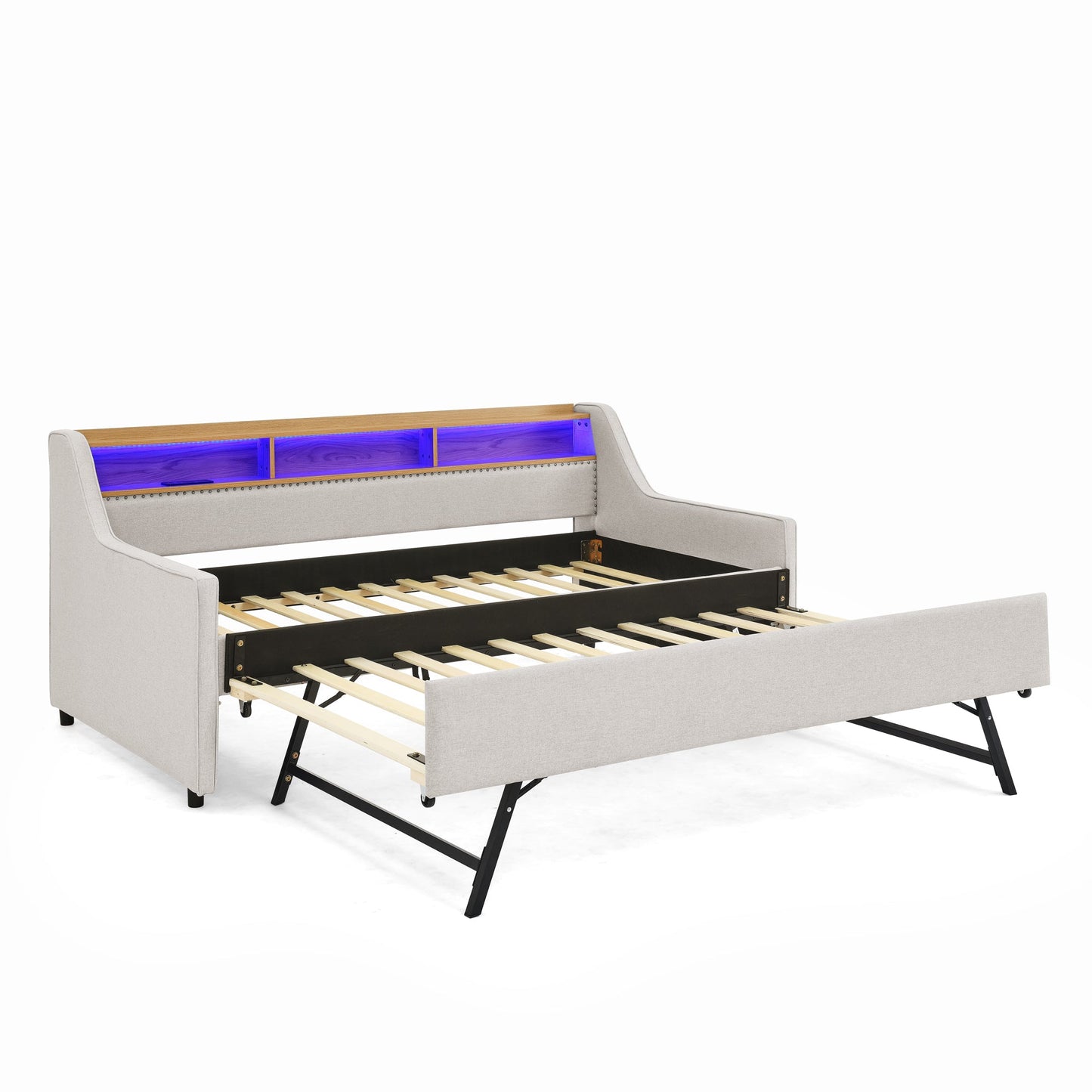 Twin Size Upholstery Sofa Bed with Three LED lights, with Storage