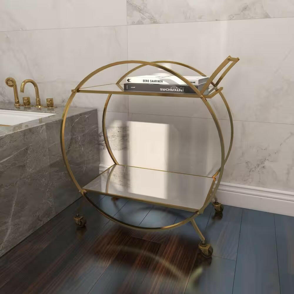 30 In. H Gold Rolling 2 Mirrored Shelves Bar Cart with Wheels and Handle.