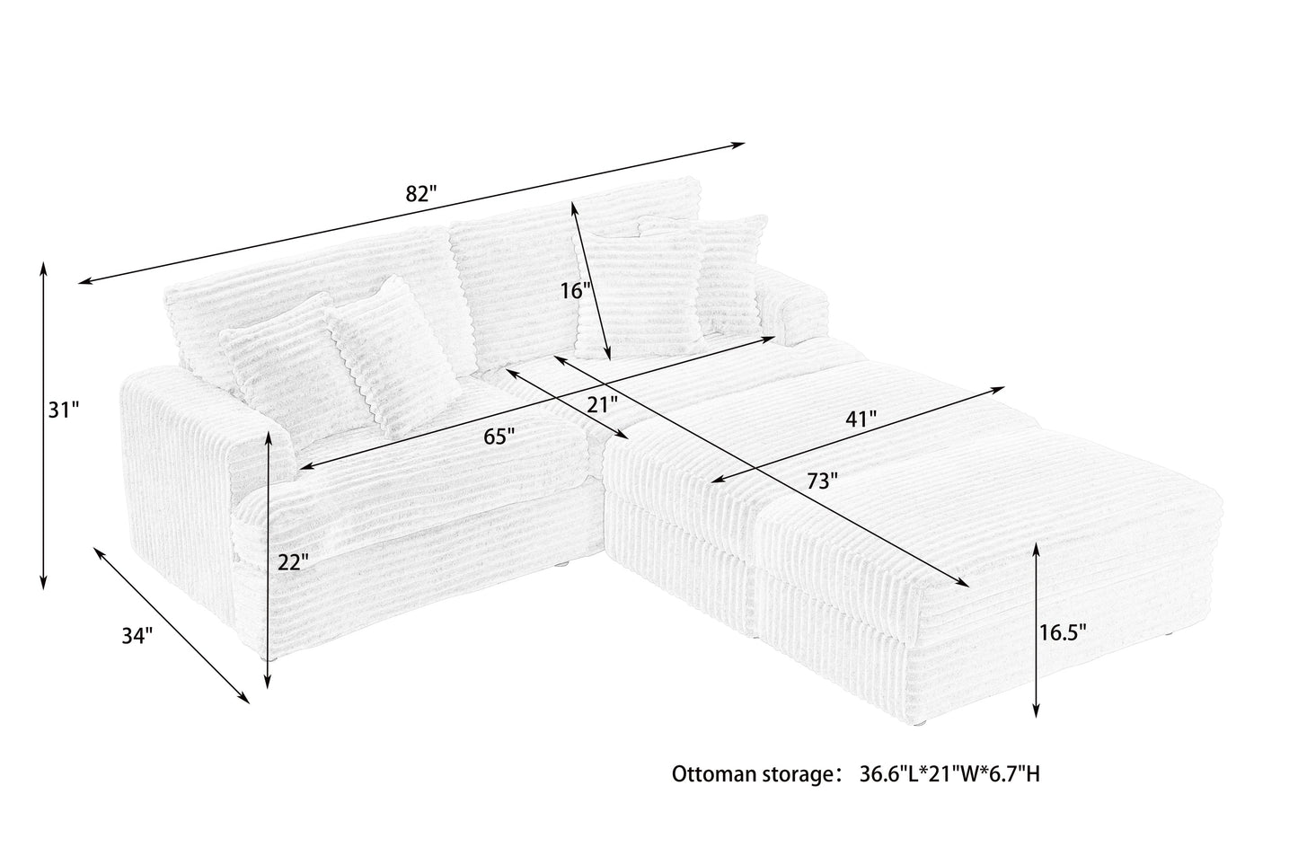 82 inches beige corduroy sofa, two storage feet +4 throw pillows,