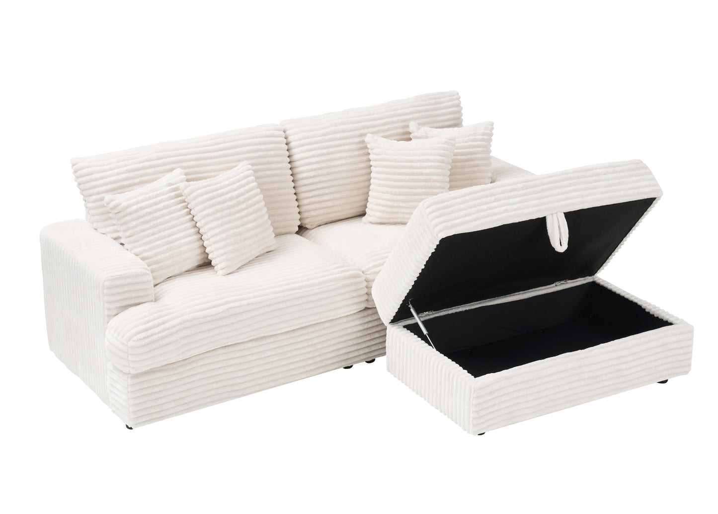 82 inches white corduroy sofa, storage feet +4 throw pillows, create a