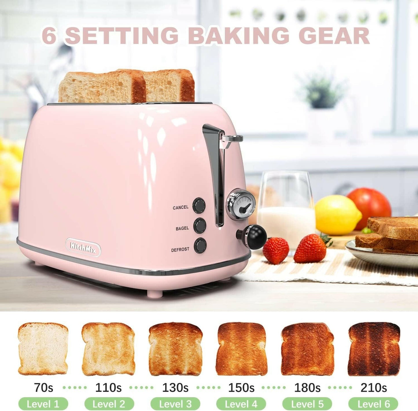 Toaster 2 Slice,Retro Stainless Steel Toaster with 6 Settings, 1.5 in Extra Wide Slots, Bagel/Defrost/Cancel Function, Removable Crumb Tray (Baby Pink).