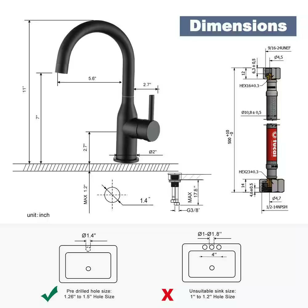 Single-Handle Bar Sink Faucet with Water Supply Lines in Matte Black.