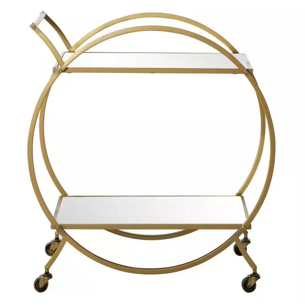 30 In. H Gold Rolling 2 Mirrored Shelves Bar Cart with Wheels and Handle.