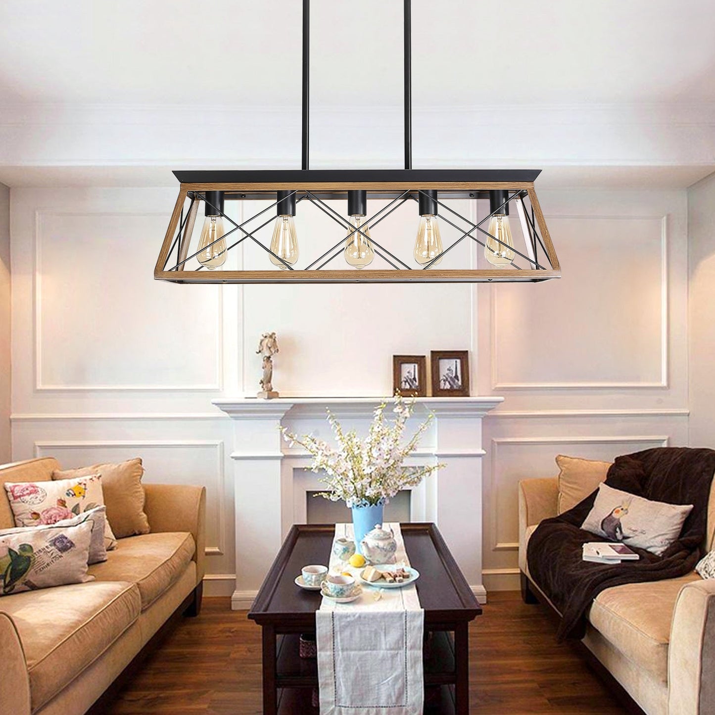 5-Light Walnut Farmhouse Chandeliers For Dining Room