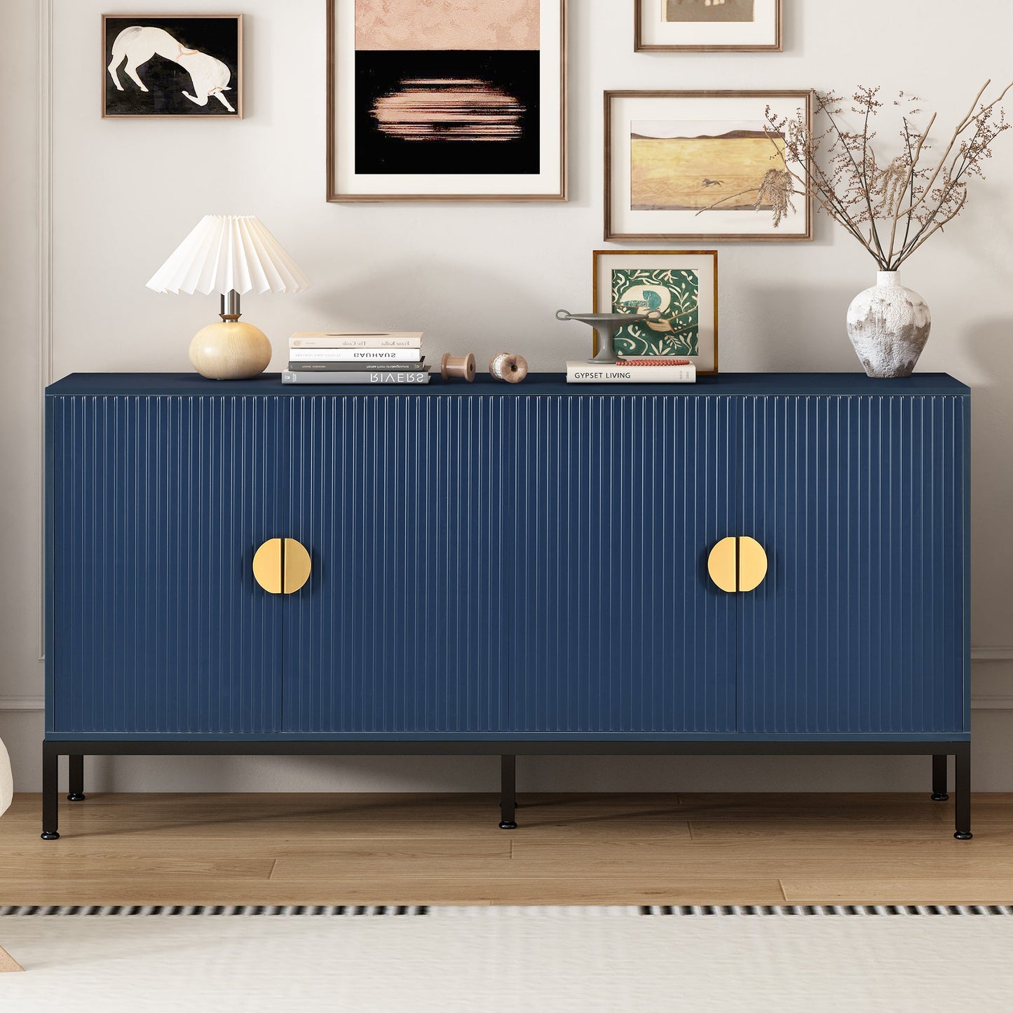 Exquisite Vertical-Striped Four-Door Sideboard with Sturdy Metal Legs