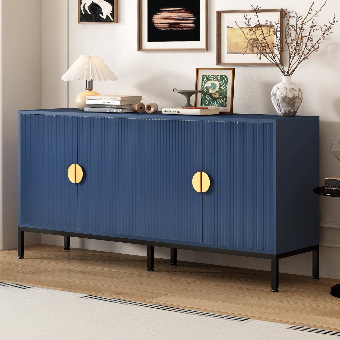 Exquisite Vertical-Striped Four-Door Sideboard with Sturdy Metal Legs