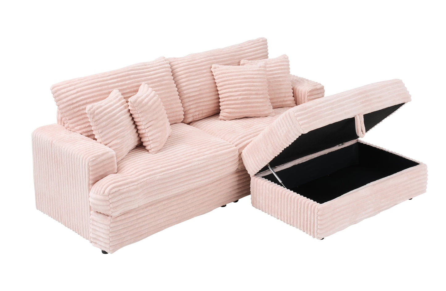 82 inches pink corduroy sofa, storage feet +4 throw pillows, pink