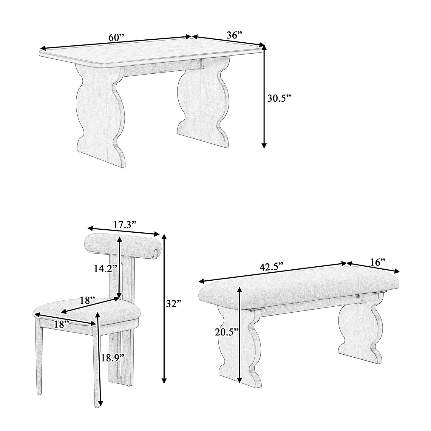 6-Piece Dining Set, Mid-Century Modern Table Set for 6 Persons with 4