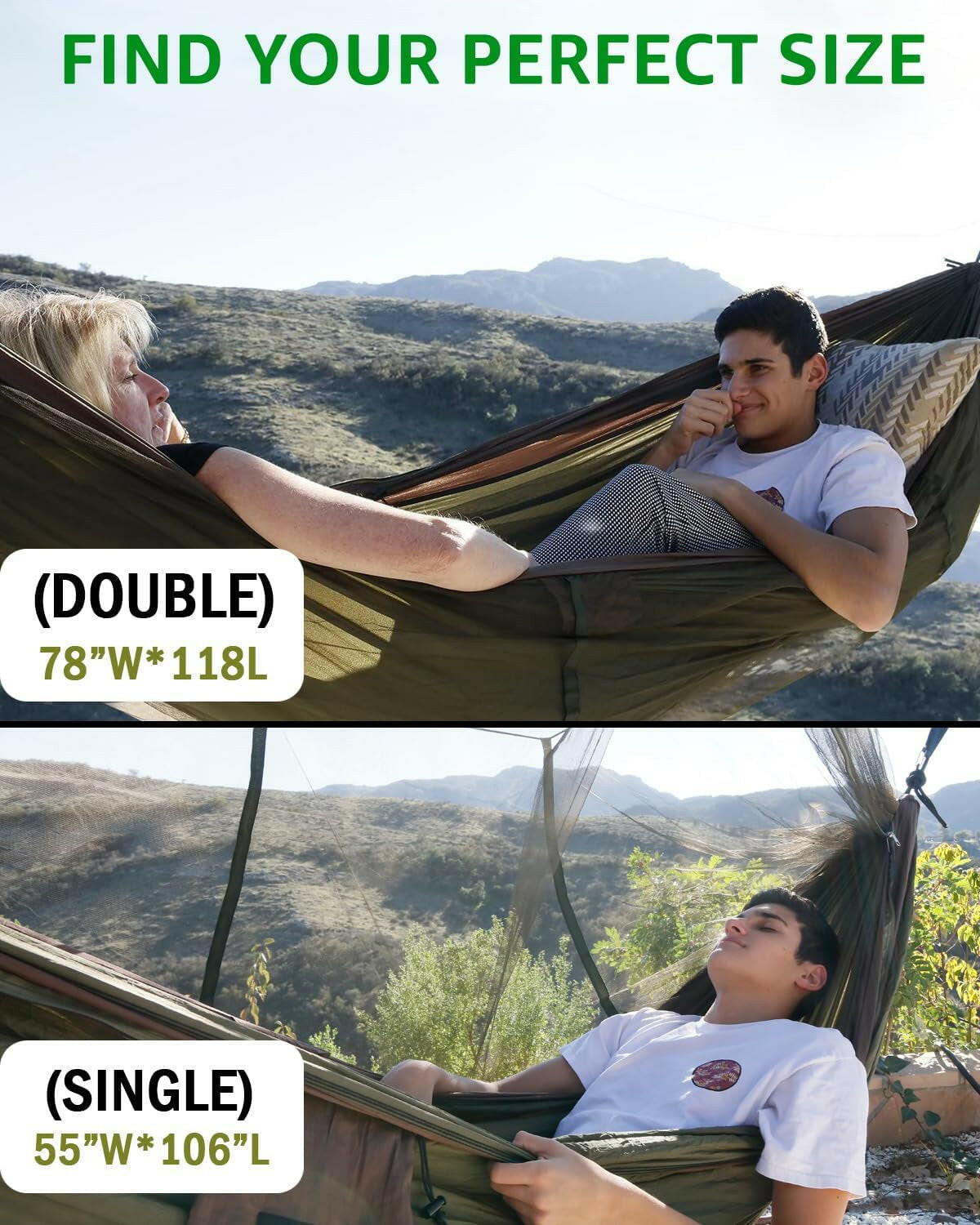 Camping Hammock, Portable Double Hammock with Net, 2 Person Hammock Tent with 2 * 10Ft Straps, Best for Outdoor Hiking Survival Travel.