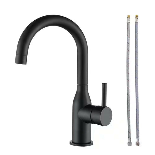 Single-Handle Bar Sink Faucet with Water Supply Lines in Matte Black.