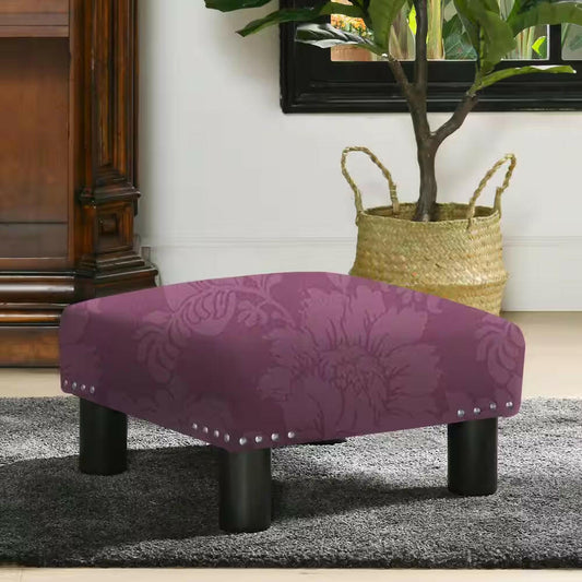 Jules 16 In. Purple Floral Polyester Sateen Jacquard Sq. Accent Footstool Ottoman.