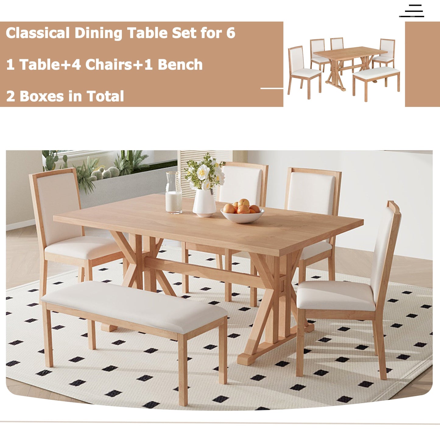 Farmhouse Classical 6-Piece Dining Table Set with Trestle Legs,Kitchen