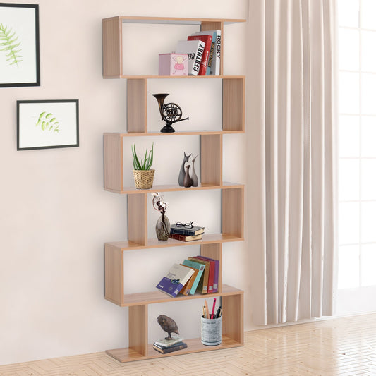 HOMCOM 76" 6-Tires Wooden Bookcase S Shaped Storage Display Unit