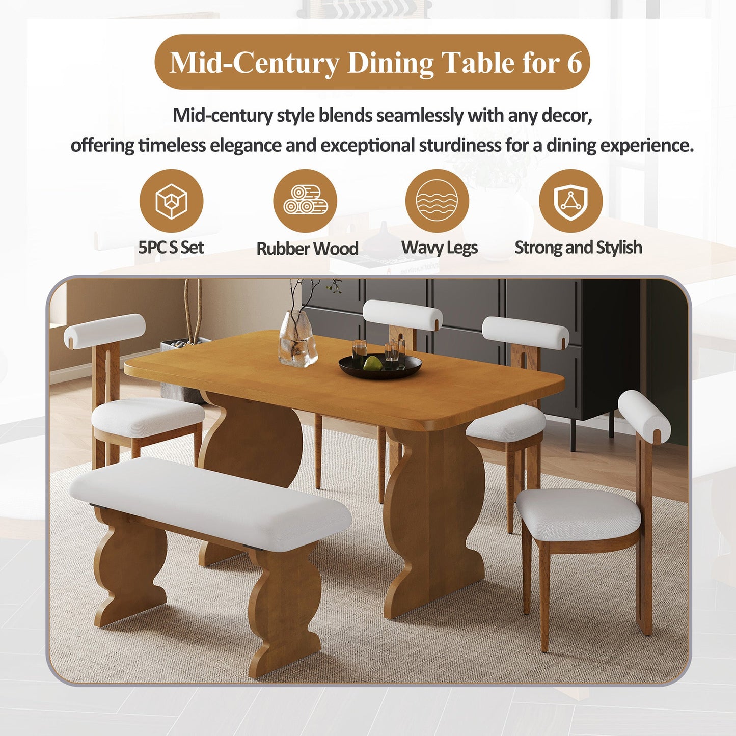 6-Piece Dining Set, Mid-Century Modern Table Set for 6 Persons with 4