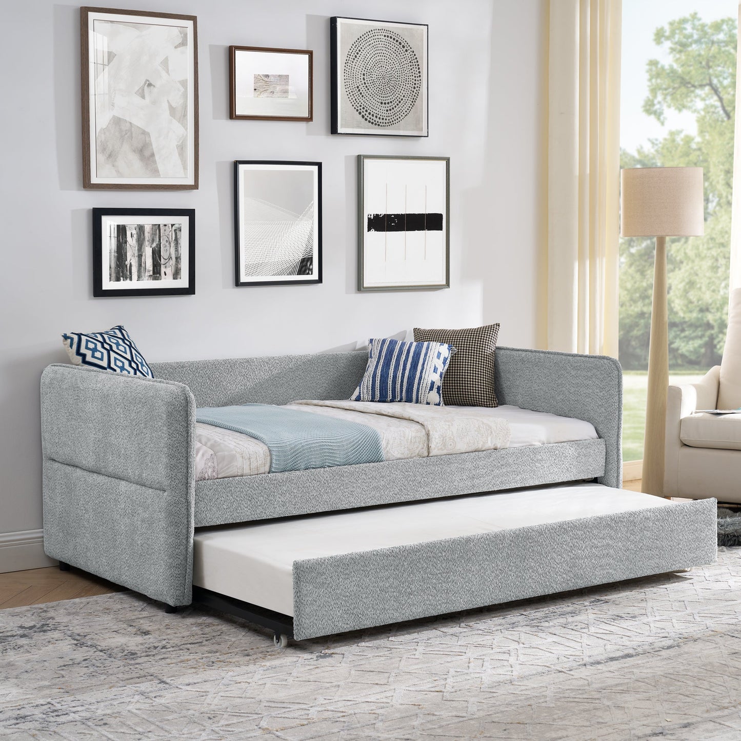 Daybed with Trundle Upholstered Tufted Sofa Bed, Twin Size, Boucle