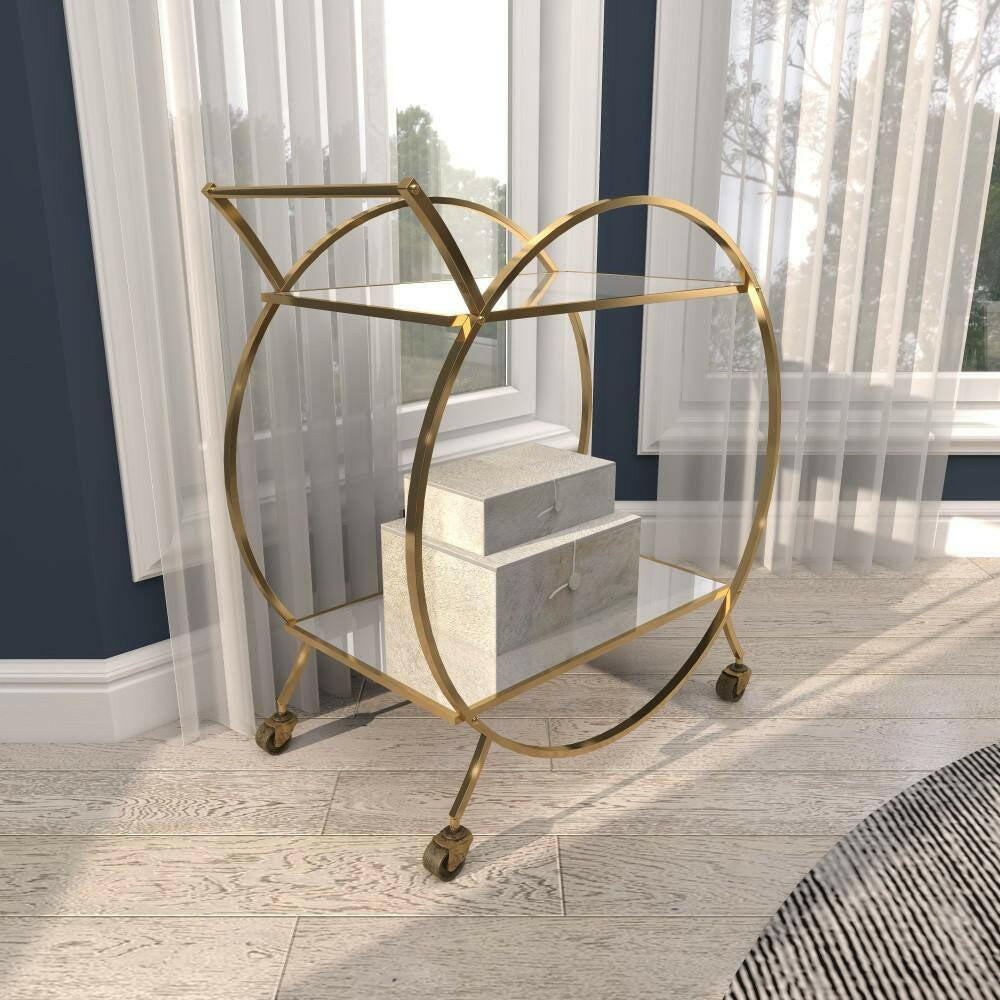 30 In. H Gold Rolling 2 Mirrored Shelves Bar Cart with Wheels and Handle.