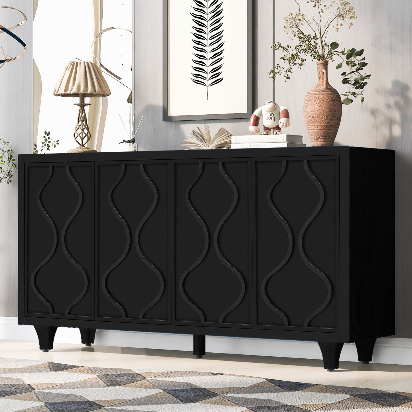 Stylish Storage Cabinet Sideboard Wooden Cabinet with Embossed Curved