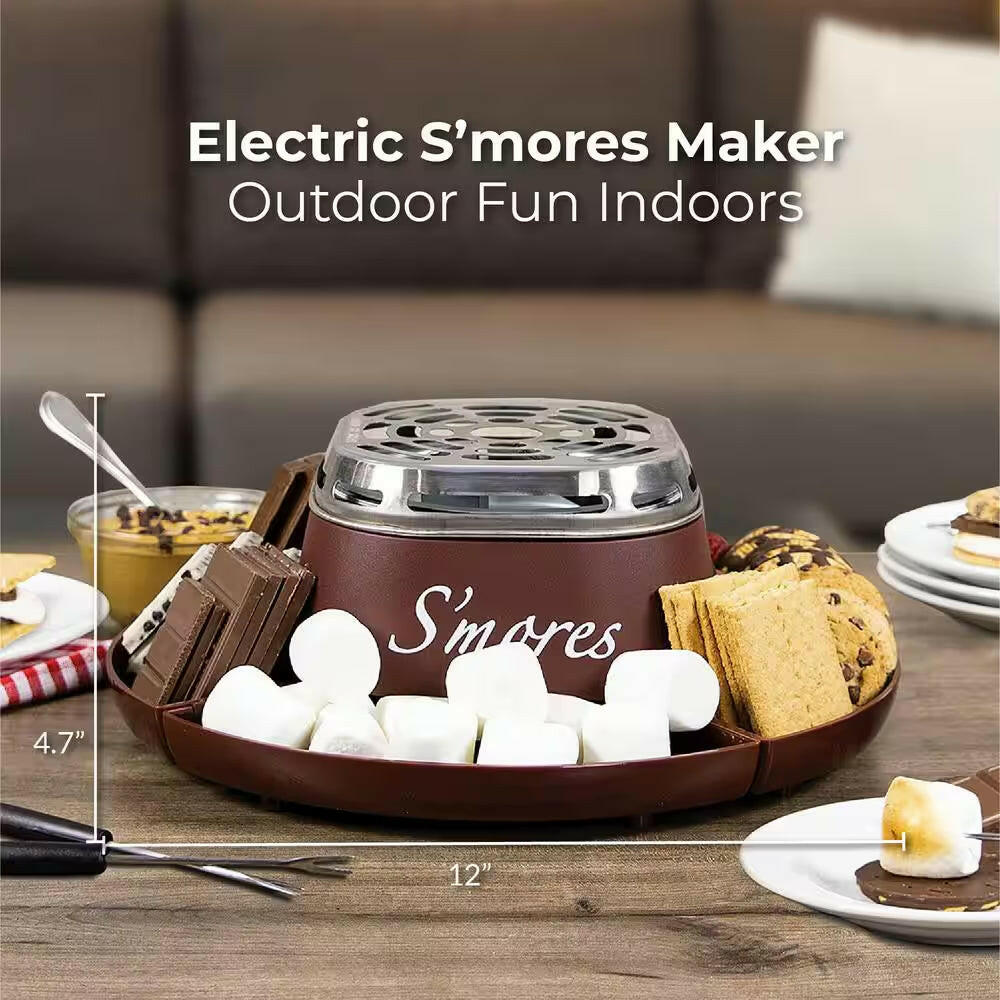 SMM200 Stainless Steel Electric S'Mores Maker with 4-Compartment Tray and 2 Roasting Forks.