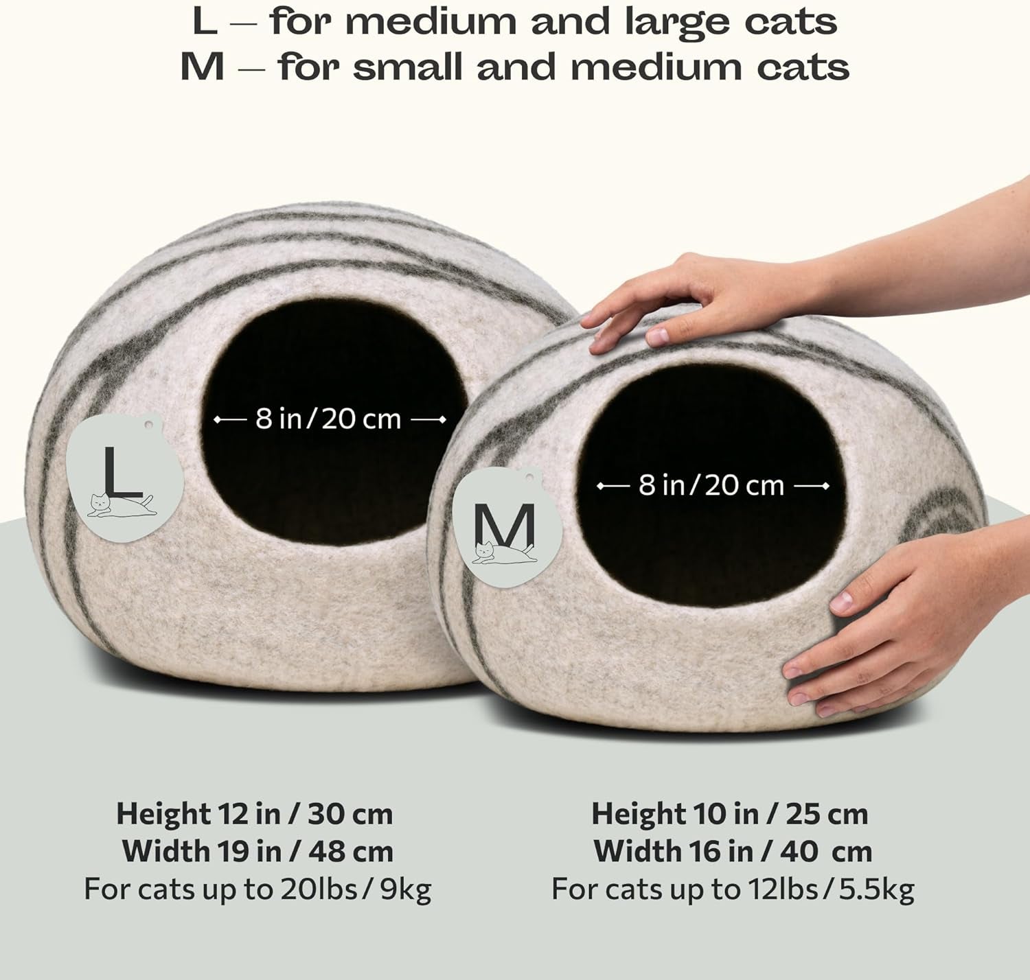 Cat Cave – Premium Felt Cat Bed for Indoor Cats, Handmade 100% Merino Wool (Light Shades) (Medium, Light Grey).