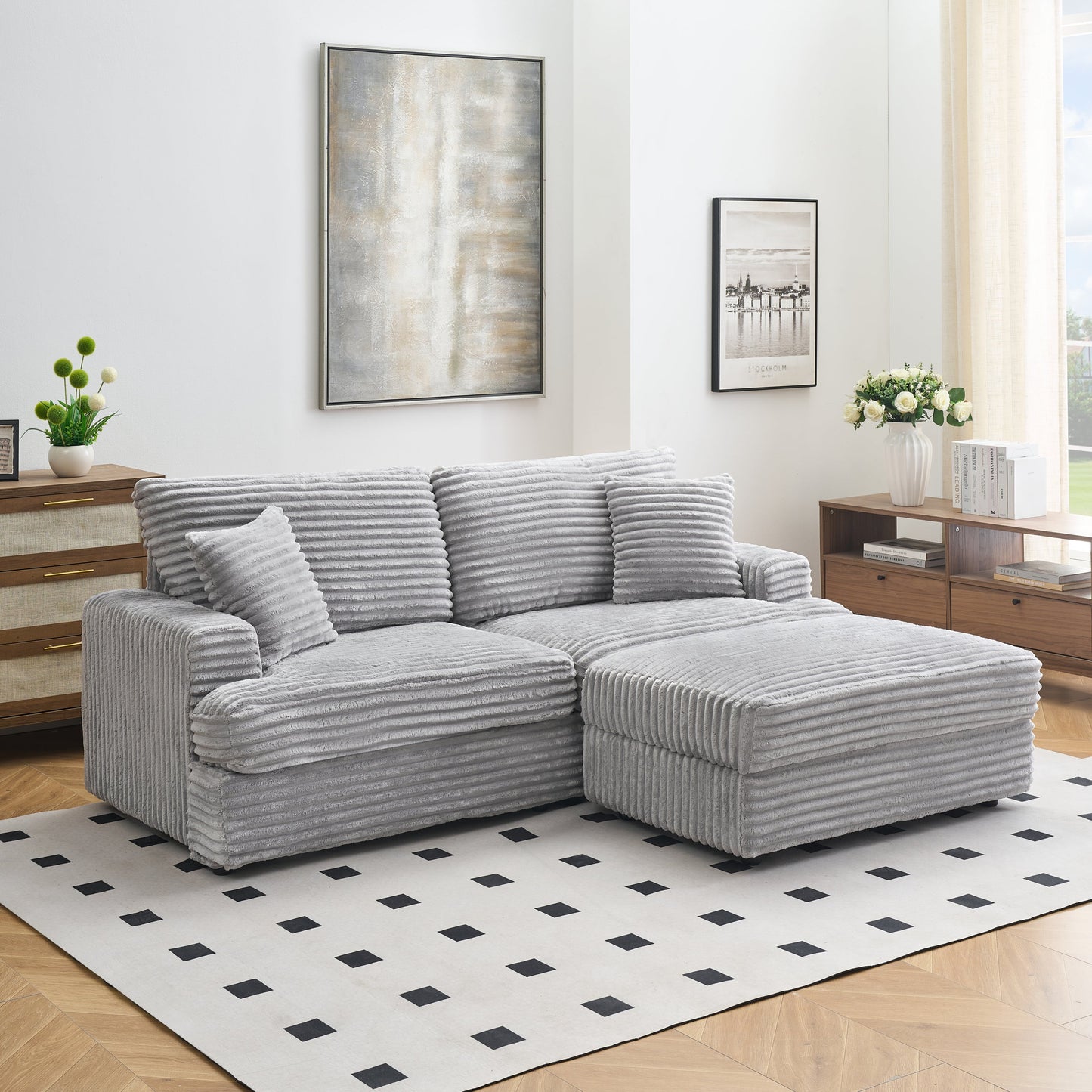 82 inches gray corduroy sofa, storage feet +4 throw pillows, create a